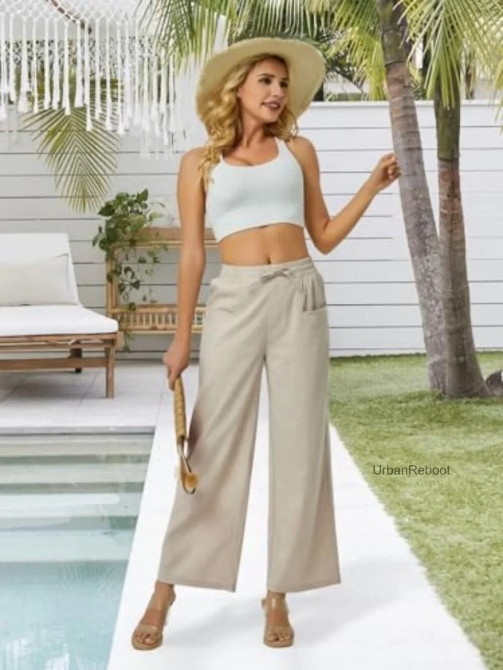 Womens Linen Wide Leg Pants High Waisted Drawstring Palazzo Lounge Pants with_2